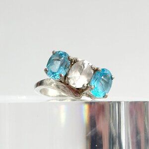 Sterling Silver Blue & Clear Topaz Triple Vintage Bypass Shank Ring - sz 8.5